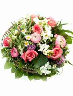 Round Handle Basket of Mixed Roses
